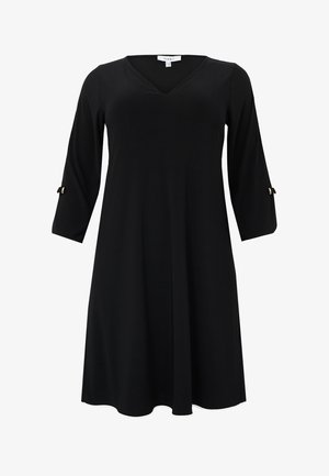 Schwarzes knieumspielendes Kleid mit V-Ausschnitt, dreiviertellangen Ärmeln und goldfarbenen Akzenten an den Ärmeln. Hergestellt aus glattem, elastischem Stoff.