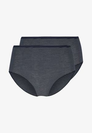 Navy blue striped briefs made of soft fabric, featuring a high-waisted design and elastic waistband, in a pack of two.