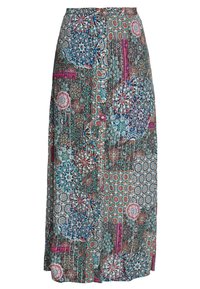 Longue jupe arborant un motif floral et géométrique multicolore et complexe. Fabriquée en tissu léger avec un design plissé et une taille élastique.