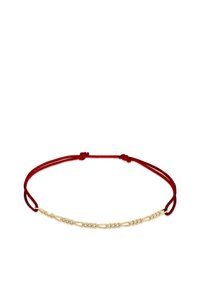 Röd snörearmband med en guldkedja med sammanlänkade ovala och runda länkar, säkrat med justerbara knutar i varje ände.