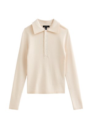 Polo de manga larga en un punto acanalado suave y ligero de color beige claro. Cuenta con un cuello clásico y una tapeta con seis botones. Diseño sencillo y ajustado.