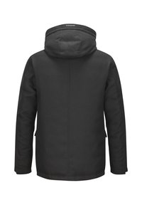 Schwarze Jacke mit Kapuze, glatter Textur, geradem Schnitt und zwei seitlichen Taschen. Einfaches Design ohne sichtbare Hardware oder Muster.