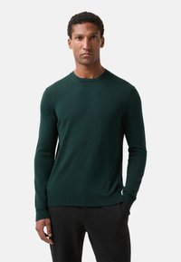 Ciemnozielony sweter dziany z okrągłym dekoltem, długimi rękawami i prążkowanymi mankietami. Gładka tekstura, prosty dół i minimalne detale.