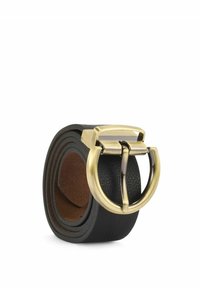 Czarny skórzany pasek o fakturowanej powierzchni z dużą mosiężną klamrą w kształcie podwójnego pierścienia. Wnętrze wyściełane brązowym zamszem.