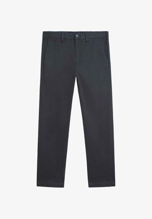 Pantaloni grigio scuro realizzati in tessuto misto cotone, con design a gamba dritta, tasche laterali e chiusura con bottone in vita.