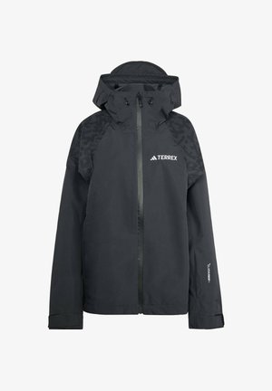 Crna vanjska jakna s kapuljačom, prednjim patentnim zatvaračem, podesivom kapuljačom i manžetama, Terrex logotipom na prsima i natpisom "Climaproof" na rukavu.