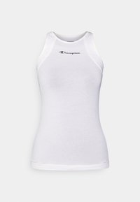 Vit ärmlös linne tillverkat av mjukt, stretchigt material; har en rund halsringning och "Champion"-logotypen i svart över bröstet.