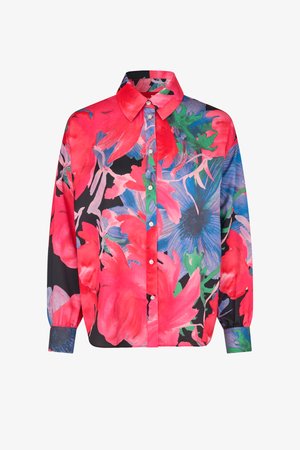 Bluse mit Blumenmuster in lebhaften Rot-, Blau- und Grüntönen. Mit klassischem Kragen, langen Ärmeln und durchgehender Knopfleiste mit glänzenden Akzenten.
