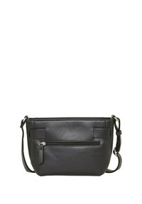 Borsa a tracolla nera realizzata in materiale sintetico liscio, con tasca frontale con zip, tracolla corta e dettagli piatti sui lati.
