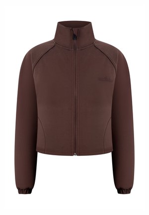 Brązowa krótka kurtka z długim rękawem, stójką, zamkiem błyskawicznym z przodu, elastycznymi mankietami i subtelnym wytłoczonym logo na lewej piersi.