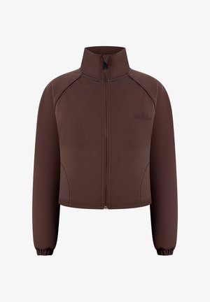 Brązowa krótka kurtka z długim rękawem, stójką, zamkiem błyskawicznym z przodu, elastycznymi mankietami i subtelnym wytłoczonym logo na lewej piersi.