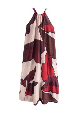 Ärmelloses Neckholder-Kleid mit großen abstrakten roten, burgunderroten und beigen Blumenmustern und einem Rüschensaum.
