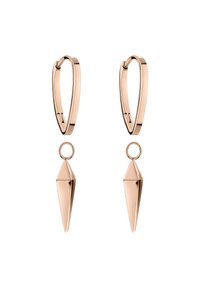 Roséguldörhängen med en strukturerad geometrisk hängdesign. De har en hoopsstil med en spetsig hänge fäst via en cirkulär ögla.