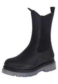Botas negras hasta el tobillo, hechas de goma suave con paneles laterales elásticos y una suela gruesa y transparente. Diseño elegante con detalles mínimos.