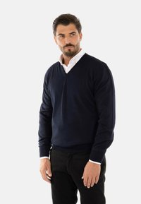 Maglione blu navy a scollo a V realizzato in morbido tessuto, con maniche lunghe e orlo a coste, indossato sopra una camicia bianca con colletto.