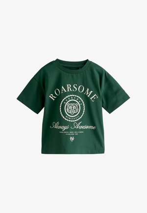 Sötétzöld rövid ujjú póló fehér tigrisarccal és a „ROARSOME Always Awesome” felirattal elöl.