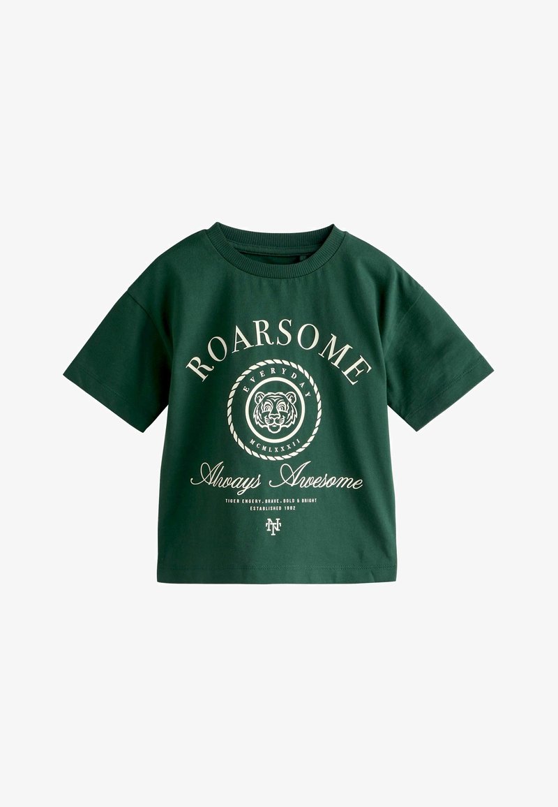 Sötétzöld rövid ujjú póló fehér tigrisarccal és a „ROARSOME Always Awesome” felirattal elöl.