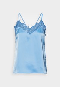Blue satin camisole with lace detailing along the neckline, featuring thin adjustable straps and a smooth, glossy texture.