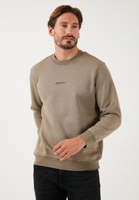 Sudadera color verde oliva hecha de una tela suave, con un cuello redondo y mangas largas, y un sutil logo bordado en el pecho.