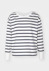 Camisa de manga larga en algodón blanco con rayas horizontales en azul marino. Cuenta con un cuello redondo y puños acanalados en las mangas y el borde inferior.