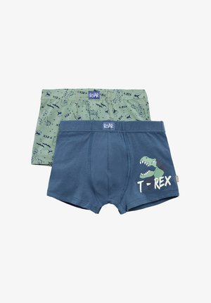 Dos pares de calzoncillos de niño; uno verde con estampado de dinosaurios, y el otro azul marino con un gráfico de T-rex y texto, ambos con cinturas elásticas.