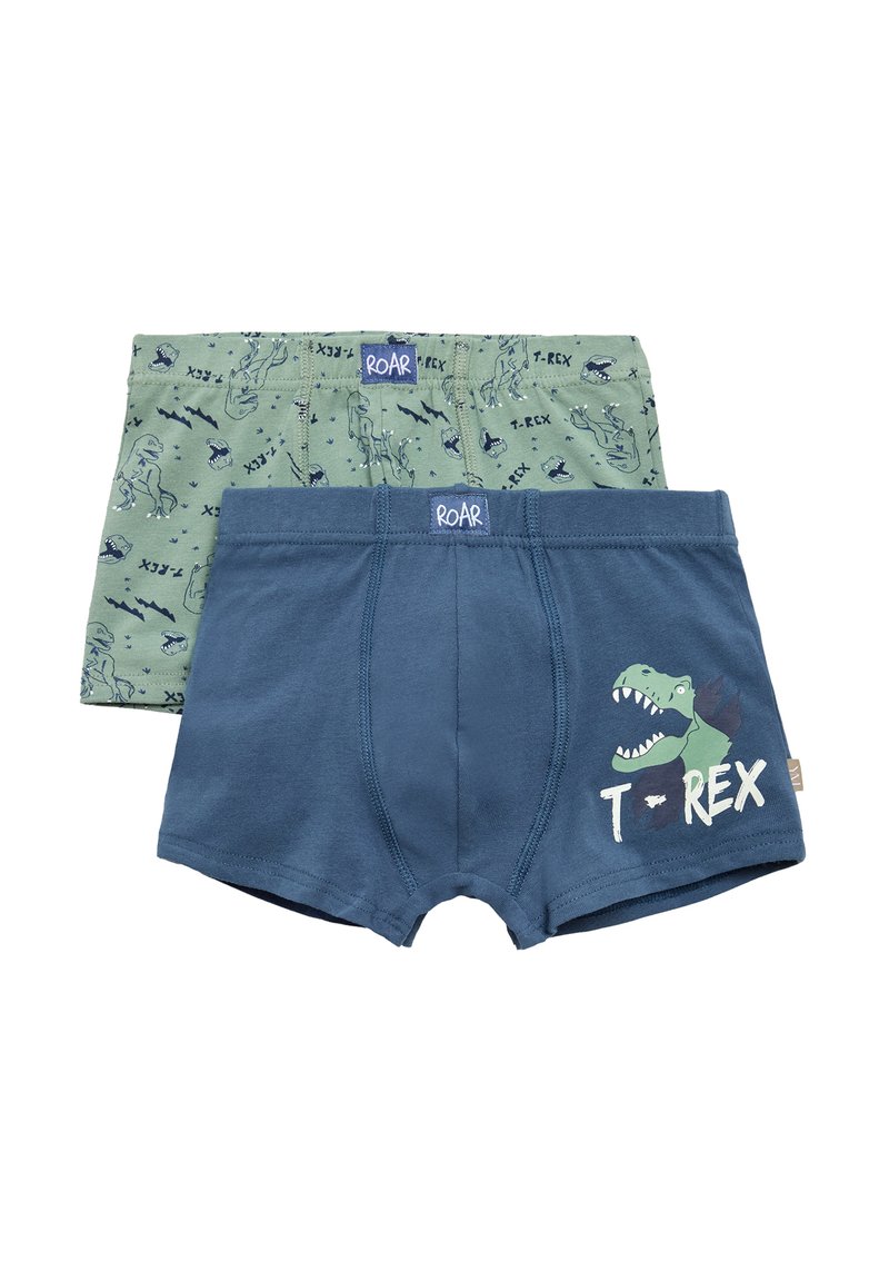 Dos pares de calzoncillos de niño; uno verde con estampado de dinosaurios, y el otro azul marino con un gráfico de T-rex y texto, ambos con cinturas elásticas.