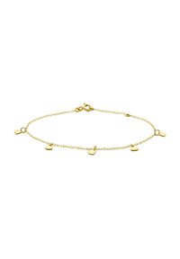 Bracciale in oro con cinque piccoli accenti a forma di cuore, chiusura a moschettone e un design a catena delicato.