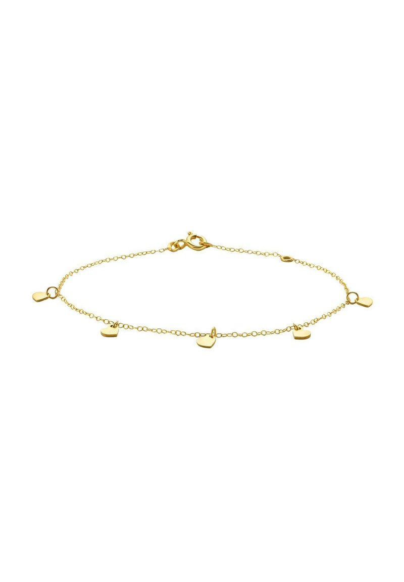 Bracciale in oro con cinque piccoli accenti a forma di cuore, chiusura a moschettone e un design a catena delicato.
