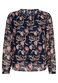 Blusa trasparente blu navy con maniche lunghe, motivo floreale in rosa e crema, scollatura rotonda e chiusura con bottoni sulla schiena. Tessuto testurizzato.