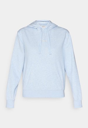Un sweat à capuche bleu clair avec une texture douce, doté d'une poche kangourou, d'une capuche avec cordon de serrage et d'un logo brodé sur la poitrine.