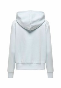 Jasnoniebieska bluza z kapturem z wiązaniem, z prążkowanymi mankietami i dołem. Miękki, teksturowany materiał, skrócony fason o luźnym kroju.