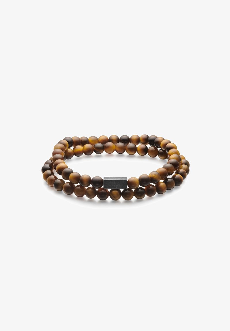 Tiigri silma helmestest käevõru, millel on kaks kihti ümmarguseid helmeid pruunides toonides, mille keskel on ristkülikukujuline matt must aksent.