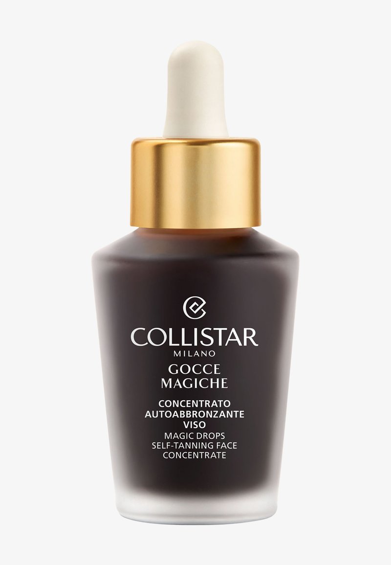 Flacon compte-gouttes en verre foncé avec bouchon doré, étiqueté Collistar Magic Drops concentré auto-bronzant pour le visage, à usage cosmétique.