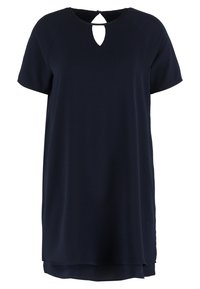 Navy blue lyhythihainen mekko, joka on valmistettu pehmeästä kankaasta. Mekossa on pyöreä pääntie, jossa on avainaukko, ja se istuu löysästi, hieman valuva. 