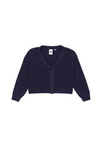 Mörkblå kort kofta i mjukt material med V-ringning, långa ärmar och fem svarta knappar framtill.