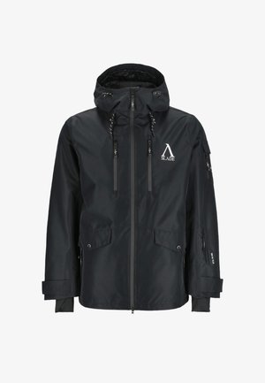 Black waterproof jacket with a high collar, adjustable hood, zippered pockets, and logo accent. Features a smooth texture and durable fabric.