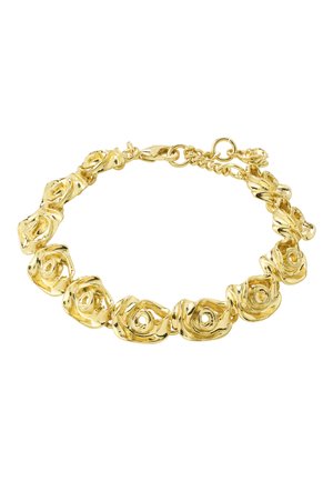 Bracelet en or avec breloques en forme de rose liées et fermoir ajustable sur fond blanc.