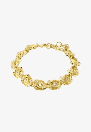 Gold bracelet with linked rose-shaped charms and adjustable clasp on a white background.
