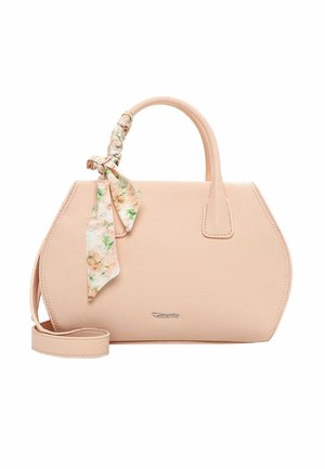 Pale pink textured handbag with a rounded trapezoid shape, single top handle with a floral scarf tied, and a detachable shoulder strap.