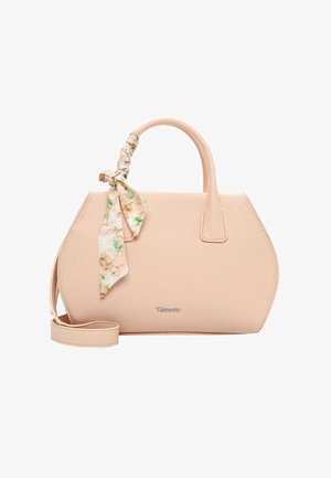Pale pink textured handbag with a rounded trapezoid shape, single top handle with a floral scarf tied, and a detachable shoulder strap.