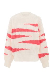 Pulover tricotat în crem cu modele în zigzag roșii. Guler rotund, manșete și tiv cu reiat, croială lejeră, material texturat.