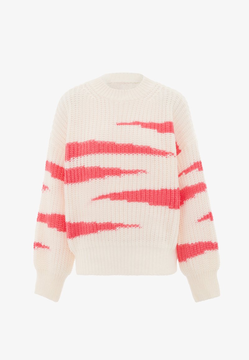 Knit sweater in cream with red zigzag patterns. Round neckline, ribbed cuffs and hem, relaxed fit, textured fabric.