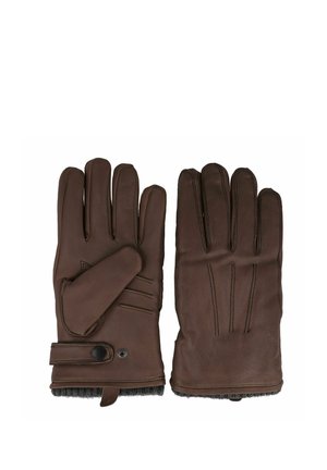 Paar braune Leder-Winterhandschuhe mit Knopfverschluss und sichtbar Wollfutter an den Bündchen, flach liegend mit den Handflächen nach oben und unten.