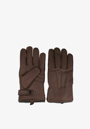 Paar braune Leder-Winterhandschuhe mit Knopfverschluss und sichtbar Wollfutter an den Bündchen, flach liegend mit den Handflächen nach oben und unten.