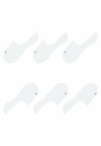 Weiße No-Show-Socken mit schickem, glattem Material und minimalistischem Design. Sechs Paare sind ausgestellt und mit Größenetiketten versehen.
