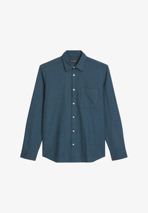 Chemise à boutonner en bleu sarcelle avec un motif à carreaux, manches longues, poche poitrine simple et col standard. Fabriquée en tissu tissé.