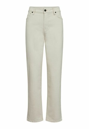 Beige denimbyxor med rak passform, med en knapp- och dragkedjestängning, femficksdesign och subtil textur genom hela plagget.