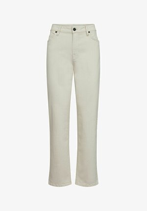 Bežové džínsy s rovnou nohavicou, so zapínaním na gombík a zips, päťvreckovým dizajnom a jemnou textúrou po celom povrchu.