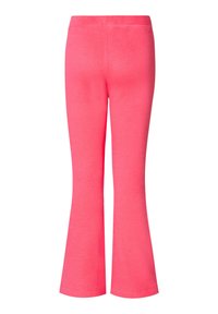 Roze flarebroek van zacht katoen, met een elastische tailleband en een gladde textuur. De flares beginnen net onder de knie.