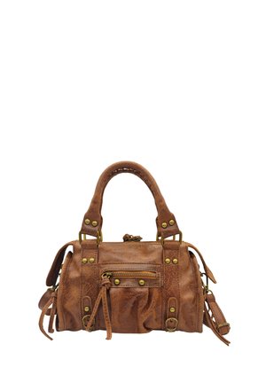 Sac à main en cuir marron avec une surface texturée, de forme arrondie, doté de deux poignées courtes et d'accents en matériel en laiton. Comprend une poche zippée à l'avant.